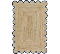 THE PIKKU INTERNATIONAL - Handmade Jute Rug Beige with Scallop Blue Border Rectangle Hand Woven Farmhouse Jute Area Rug (2 x 4 ft)