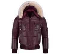 'THE PILOT SIX PUFFER' Men's Cherry Hooded Bomber Genuine Real Leather Jacket (M, Cherry)