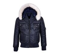 'THE PILOT SIX PUFFER' Men's Navy Hooded Bomber Genuine Real Leather Jacket (XXL, Navy)