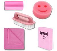 The Pink Cleaning Bundle - Spunj, Microfibre, Brush, Damp Duster & Smiley Face Sponge Set