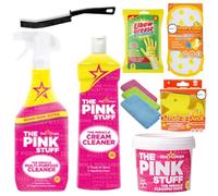 The Pink Stuff Cleaning Bundle - Cream Cleaner 500ml, Multi-Purpose Spray 850ml, Paste 850g + Microfibre Cloths, Alimos Crevice Brush, Sponge, Gloves & Antibacterial Pad