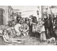 The Plague Victims of Rome after an etching by French artist Alphonse Legros 1837 - 1911. People stricken with the plague receive the last sacrament from a cardinal who is atteneded by altar boys and