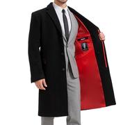 The Platinum Tailor Mens Black Overcoat Wool & Cashmere Covert Warm Winter Bond Coat Fully Lined (UK, Numeric, 44, Regular, Regular, Black - Red Lining)