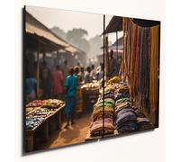 The Plum Penguin A4 Twin Set Wooden Wall Art - Sunrise Ghana Market with Kente, Masks & Beads Canvas Alternative 40 x 30cm