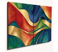 The Plum Penguin Abstract Batik Wall Art, A4 Dual Wooden Panels, Blue Green Swirls with Gold Accents Canvas Alternative 40 x 30cm