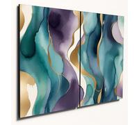 The Plum Penguin Abstract Ogee Watercolor Wood Wall Art, A4 MDF Pair, Blue Teal Purple with Gold Splashes Canvas Alternative 40 x 30cm