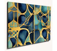The Plum Penguin Abstract Watercolour Fretwork Wooden Wall Art, A4 Dual Set, Indigo Teal Gold MDF Decor Canvas Alternative 40 x 30cm