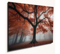 The Plum Penguin Autumn Maple Majesty: Dual A4 Wooden Wall Art of Misty Forest Scene Canvas Alternative 40 x 30cm