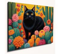 The Plum Penguin Black Cat & Frida Kahlo Style Floral Crown A4 Wood Wall Art - Vibrant Folk Print Decor Canvas Alternative 40 x 30cm