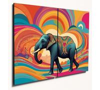 The Plum Penguin Colourful Elephant Ride Abstract Wall Art - 2 Piece A4 Wood MDF Print Canvas Alternative 40 x 30cm
