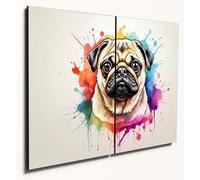 The Plum Penguin Colourful Pug Watercolour Wall Art, Twin A4 Wooden MDF Panels
