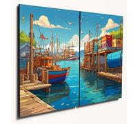 The Plum Penguin Colourful Wharf Scene Wooden Wall Art - Dual A4 MDF Prints for Home Decor Canvas Alternative 40 x 30cm