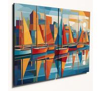 The Plum Penguin Cubist Bay Scene Wall Art: Dual A4 MDF Wooden Panels, Colorful Boats & Water Print Canvas Alternative 40 x 30cm