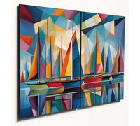 The Plum Penguin Cubist Bay Scene Wall Art: Dual A4 MDF Wooden Panels, Colorful Boats & Water Print Canvas Alternative 40 x 30cm