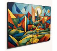 The Plum Penguin Cubist Prairie Landscape Wall Art, Dual A4 MDF Wood Panels, Picasso-Inspired Home Decor Canvas Alternative 40 x 30cm