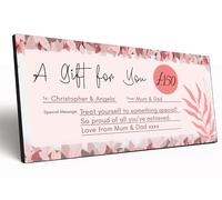The Plum Penguin Custom Wooden Gift Voucher Personalised Gift Certificate 6mm MDF Plaque for Special Occasion Cash Presentation (Pink Foliage)