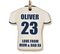 The Plum Penguin Customisable Football Shirt-Shaped Gift Tag Personalised MDF Dad Grandad Keepsake Name and Number Team Colours Footy Fan (White + Navy Edge)