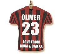 The Plum Penguin Customisable Football Shirt-Shaped Gift Tag Personalised MDF Dad Grandad Keepsake Name and Number Team Colours Footy Fan (Red + Black Stripes)