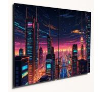 The Plum Penguin Futuristic Cityscape Wall Art, Neon Metropolis Night Scene, A4 Twin-Set MDF Wood Panels Canvas Alternative 40 x 30cm
