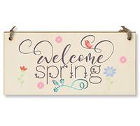 The Plum Penguin Handmade Wooden Hanging Wall Plaque Welcome Spring Cute Fun Easter Sign Springtime Garden Kitchen Decoration
