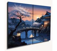 The Plum Penguin Japanese Village Dusk Scene Wall Art, Dual A4 Wooden MDF Panels, Serene Blue Decor Canvas Alternative 40 x 30cm