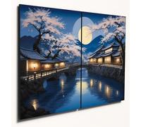 The Plum Penguin Japanese Village Dusk Scene Wall Art, Dual A4 Wooden MDF Panels, Serene Blue Decor Canvas Alternative 40 x 30cm