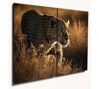 The Plum Penguin Majestic Leopard in African Savanna Printed Wood Wall Art, 2-Piece A4 MDF Home Decor Canvas Alternative 40 x 30cm