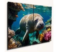 The Plum Penguin Manatee & Coral Reef MDF Wall Art, A4 Twin Set, Colorful Sea Life Wood Print Decor Canvas Alternative 40 x 30cm