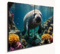 The Plum Penguin Manatee & Coral Reef MDF Wall Art, A4 Twin Set, Colorful Sea Life Wood Print Decor Canvas Alternative 40 x 30cm
