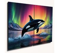 The Plum Penguin Orca Leap Aurora Borealis Wall Art - A4 Twin Set MDF Wooden Home Decor Canvas Alternative 40 x 30cm