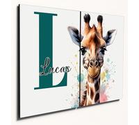 The Plum Penguin Personalised A4 Twin-Set Watercolour Baby Giraffe Wall Art, 6mm MDF Wood, Pastel Nursery Decor Canvas Alternative 40 x 30cm