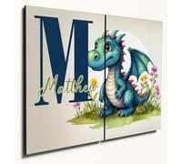 The Plum Penguin Personalised Cute Dragon Watercolour Wall Art, A4 Twin Set, Pastel MDF Wood Decor for Kids Bedroom Canvas Alternative 40 x 30cm