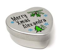 The Plum Penguin Personalised Merry Christmas Name Heart Shaped Mini Tin Xm