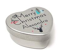 The Plum Penguin Personalised Merry Christmas Name Heart Shaped Mini Tin Xmas Personalised Name Chic Winter Stag filled with mini chocolates