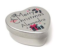The Plum Penguin Personalised Merry Christmas Name Heart Shaped Mini Tin Xmas Personalised Name Chic Gifts filled with mini chocolates