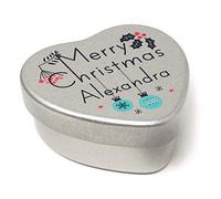 The Plum Penguin Personalised Merry Christmas Name Heart Shaped Mini Tin Xmas Personalised Name Chic Baubles filled with mini chocolates