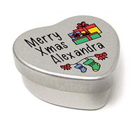 The Plum Penguin Personalised Merry Christmas Name Heart Shaped Mini Tin Xmas Personalised Name Fun Presents filled with mini chocolates