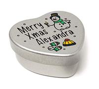 The Plum Penguin Personalised Merry Christmas Name Heart Shaped Mini Tin Xmas Personalised Name Fun Snowman Cheers filled with mini chocolates