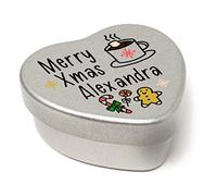 The Plum Penguin Personalised Merry Christmas Name Heart Shaped Mini Tin Xmas Personalised Name Fun Hot Chocolate Mug filled with mini chocolates