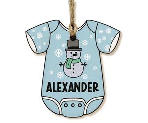 The Plum Penguin Personalised Novelty Christmas Jumper Bauble Festive MDF Ornament with Custom Name Choice of Xmas Pattern (Baby - Blue Snowman)