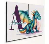 The Plum Penguin Personalised Pastel Dragon Watercolour Wooden Wall Art, 2 Piece A4 MDF, Children's Bedroom Decor Canvas Alternative 40 x 30cm