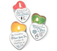 The Plum Penguin Personalised Set of 3 Merry Christmas Tealight Candles in Heart Shaped Mini Tins Classic Simple Cute Festive Xmas Animal Design Happy New Year Gift for Someone Special