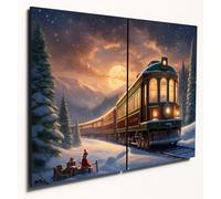 The Plum Penguin Polar Express Festive Scene Wall Art, Dual A4 MDF Wood Prints, Arctic Twilight Train Decor Canvas Alternative 40 x 30cm