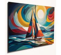 The Plum Penguin Sailboat Abstract Wooden Wall Art: Dual A4 MDF Panels with Vibrant Geometric Print Canvas Alternative 40 x 30cm