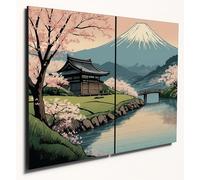The Plum Penguin Serene Japanese Landscape Wall Art on Dual A4 MDF Wood Panels - Nihonga Style Decor