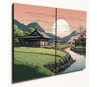 The Plum Penguin Serene Japanese Landscape Wall Art on Dual A4 MDF Wood Panels - Nihonga Style Decor