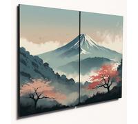 The Plum Penguin Serene Mountain Landscape Wall Art A4 Twin Set MDF Wooden Nihonga Style Decor