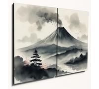 The Plum Penguin Serene Volcano Nihonga-Inspired A4 Wood MDF Wall Art Duo, Tranquil Nature Scene