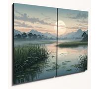The Plum Penguin Serene Wetland Nihonga Style Wall Art: Twin A4 MDF Wooden Panels with Lotus & Mist Print