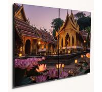 The Plum Penguin Thai Temple Sunset Scene Dual A4 Wooden MDF Wall Art, Serene Home Decor Canvas Alternative 40 x 30cm